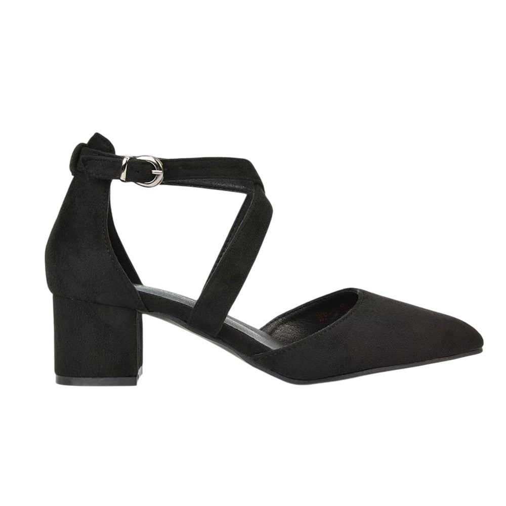 Jet Black - Side - XY London Womens-Ladies Cynthia Ankle Strap Mid Block Heel Court Shoes