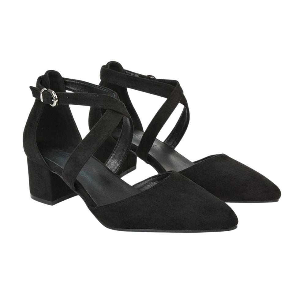 Jet Black - Pack Shot - XY London Womens-Ladies Cynthia Ankle Strap Mid Block Heel Court Shoes