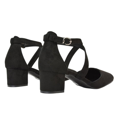 Jet Black - Back - XY London Womens-Ladies Cynthia Ankle Strap Mid Block Heel Court Shoes
