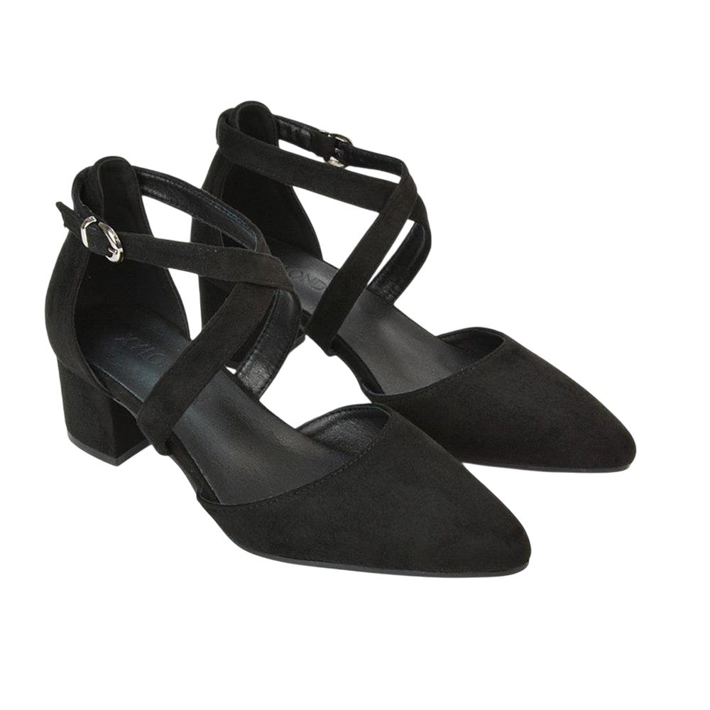 Jet Black - Front - XY London Womens-Ladies Cynthia Ankle Strap Mid Block Heel Court Shoes