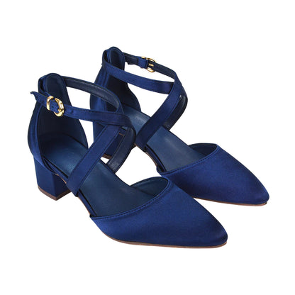 Navy - Pack Shot - XY London Womens-Ladies Cynthia Ankle Strap Mid Block Heel Court Shoes