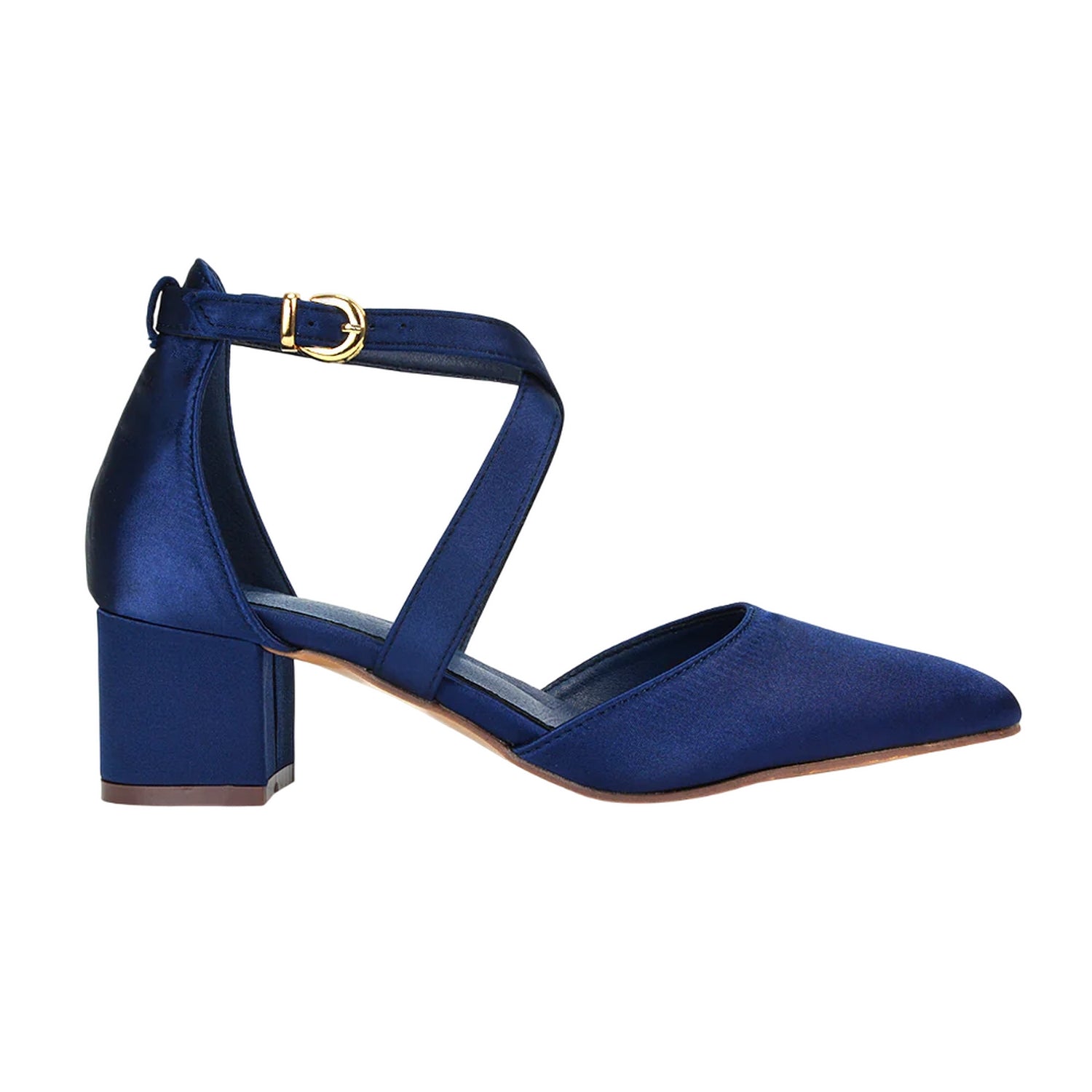 Navy - Side - XY London Womens-Ladies Cynthia Ankle Strap Mid Block Heel Court Shoes