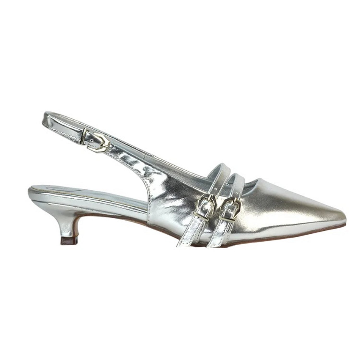 Metallic Silver - Side - XY London Womens-Ladies Cassie Sling Back Low Kitten Heel Court Shoes