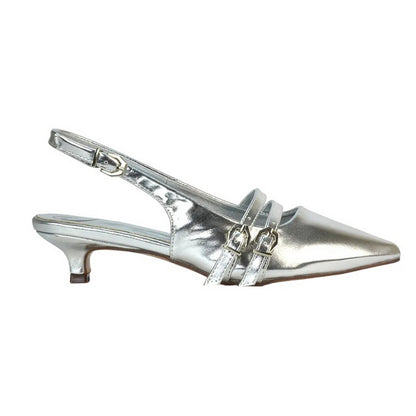 Metallic Silver - Side - XY London Womens-Ladies Cassie Sling Back Low Kitten Heel Court Shoes