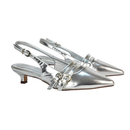 Metallic Silver - Back - XY London Womens-Ladies Cassie Sling Back Low Kitten Heel Court Shoes