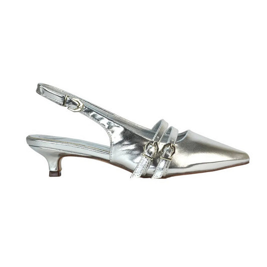 Metallic Silver - Front - XY London Womens-Ladies Cassie Sling Back Low Kitten Heel Court Shoes