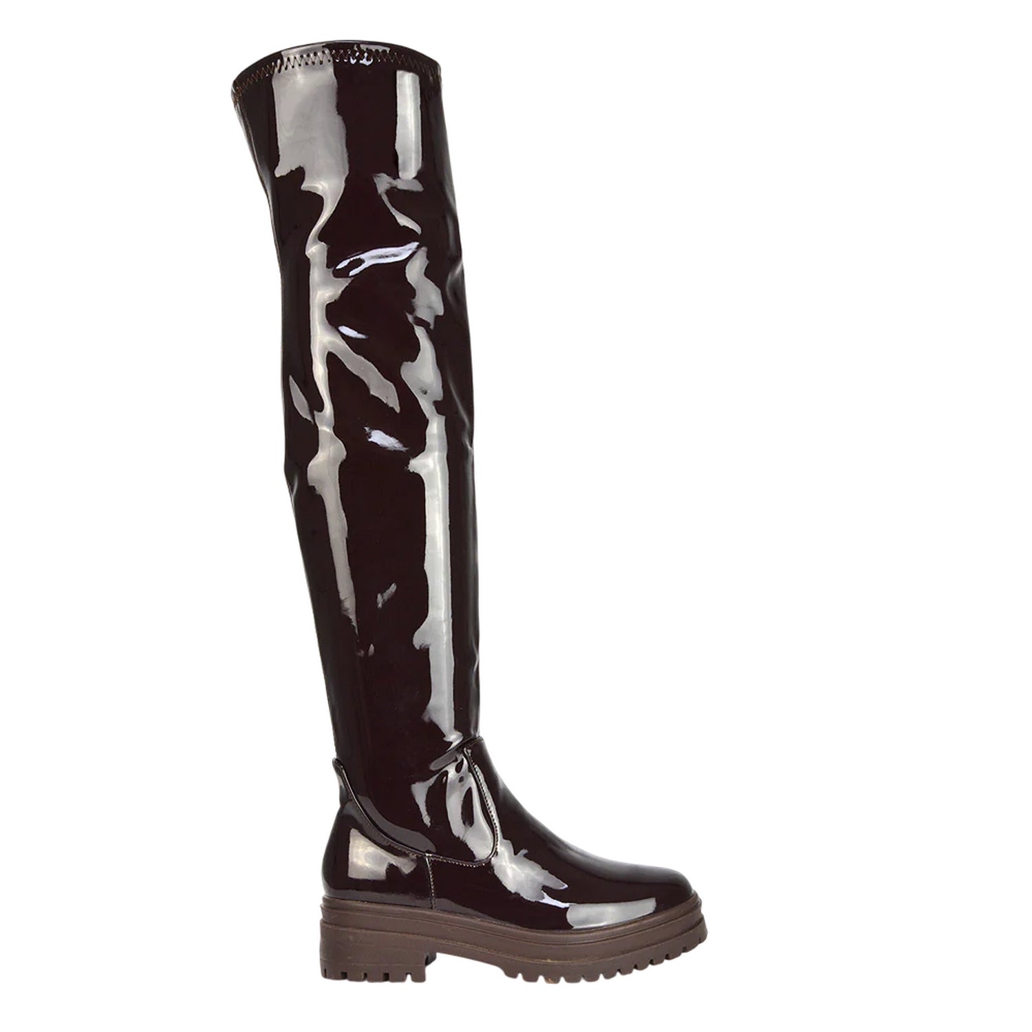 Dark Brown - Side - XY London Womens-Ladies Rosalia Chunky Sole Flat Knee-High Boots