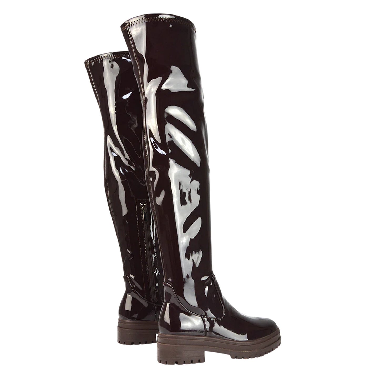 Dark Brown - Back - XY London Womens-Ladies Rosalia Chunky Sole Flat Knee-High Boots