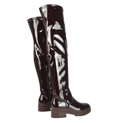 Dark Brown - Back - XY London Womens-Ladies Rosalia Chunky Sole Flat Knee-High Boots