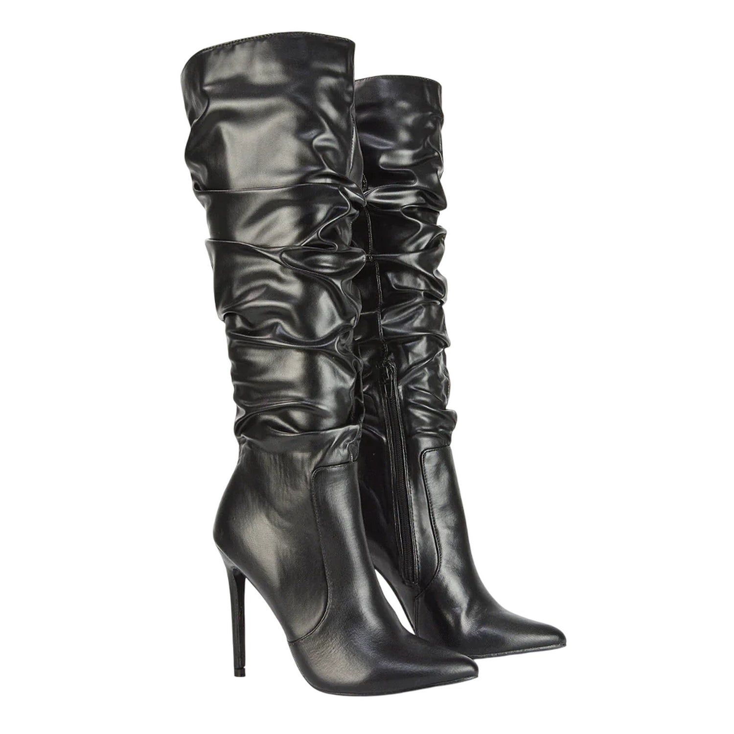 Black - Front - XY London Womens-Ladies Ruched Pointed Stiletto Heel Knee-High Boots
