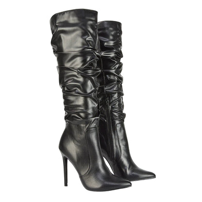 Black - Front - XY London Womens-Ladies Ruched Pointed Stiletto Heel Knee-High Boots