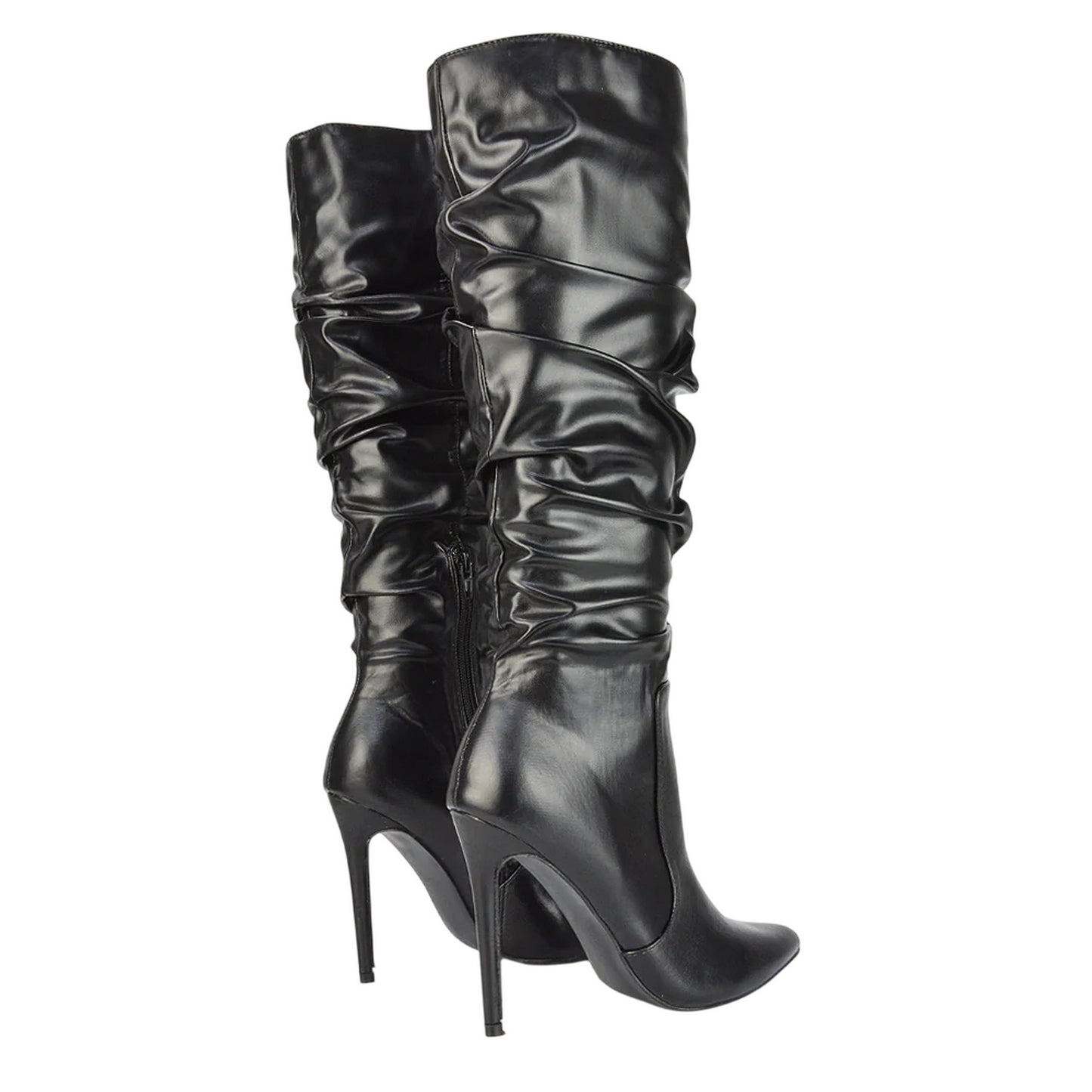 Black - Back - XY London Womens-Ladies Ruched Pointed Stiletto Heel Knee-High Boots