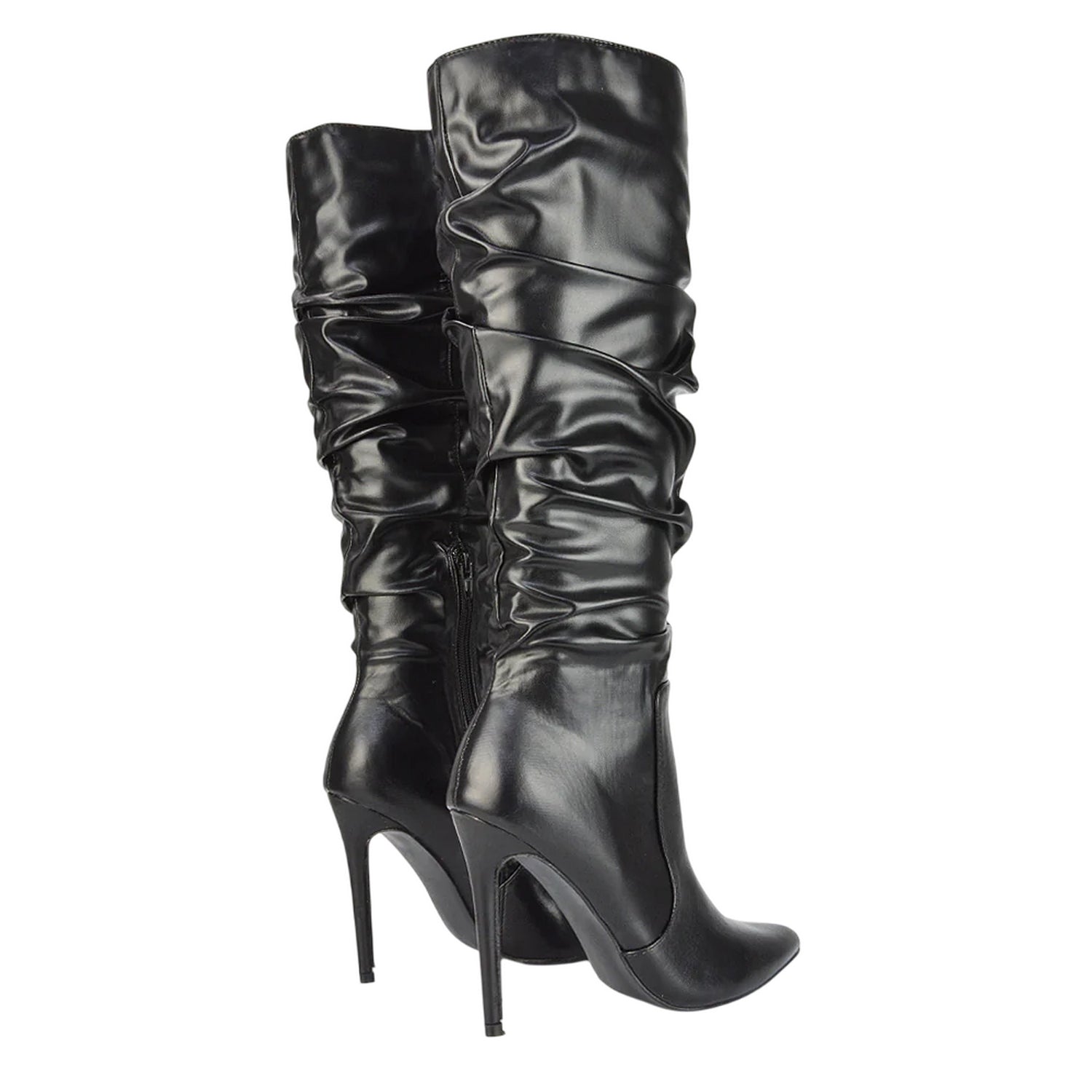 Black - Back - XY London Womens-Ladies Ruched Pointed Stiletto Heel Knee-High Boots