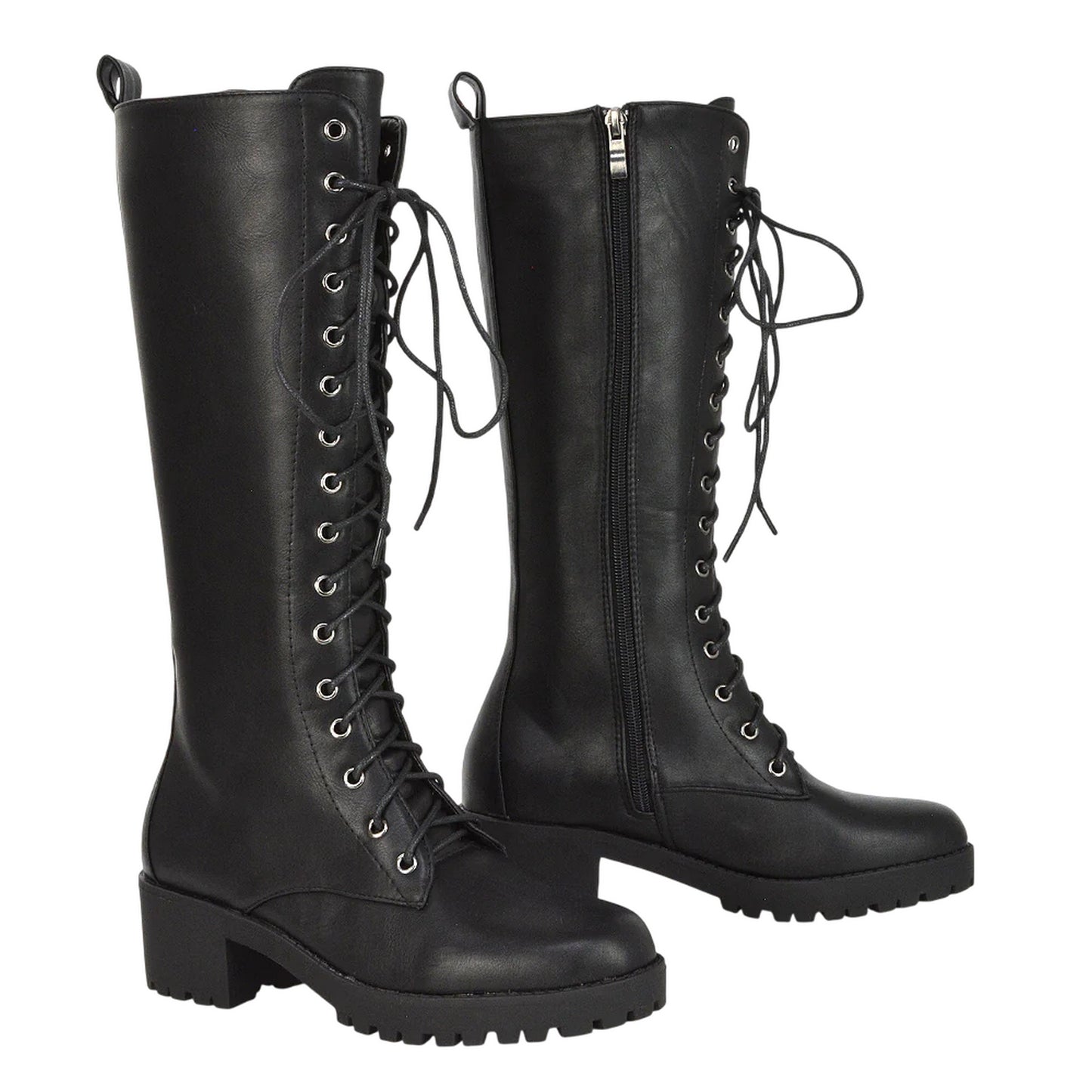 Black - Side - XY London Womens-Ladies Aspen Knee-High High Block Heel Biker Boots