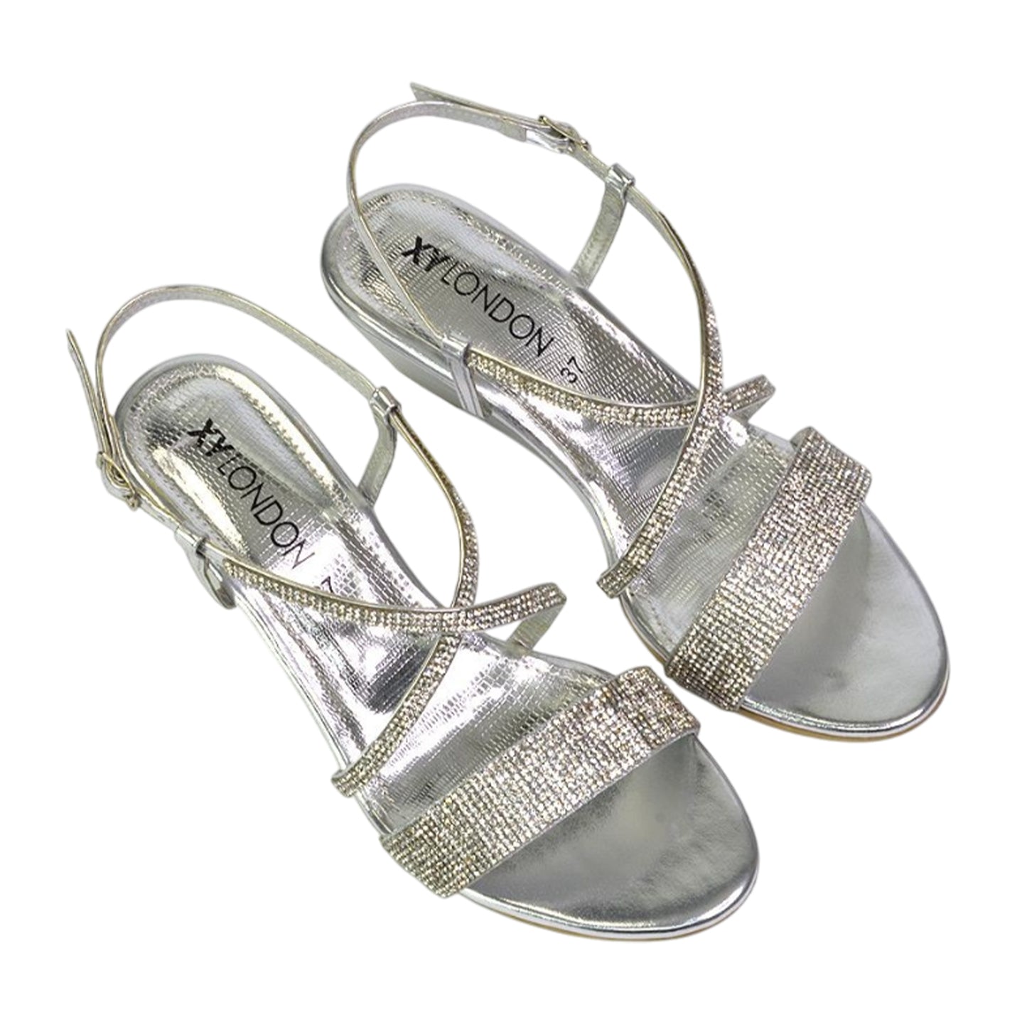 Silver - Side - XY London Womens-Ladies Ocean Diamante Wedge Sandals