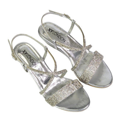 Silver - Side - XY London Womens-Ladies Ocean Diamante Wedge Sandals