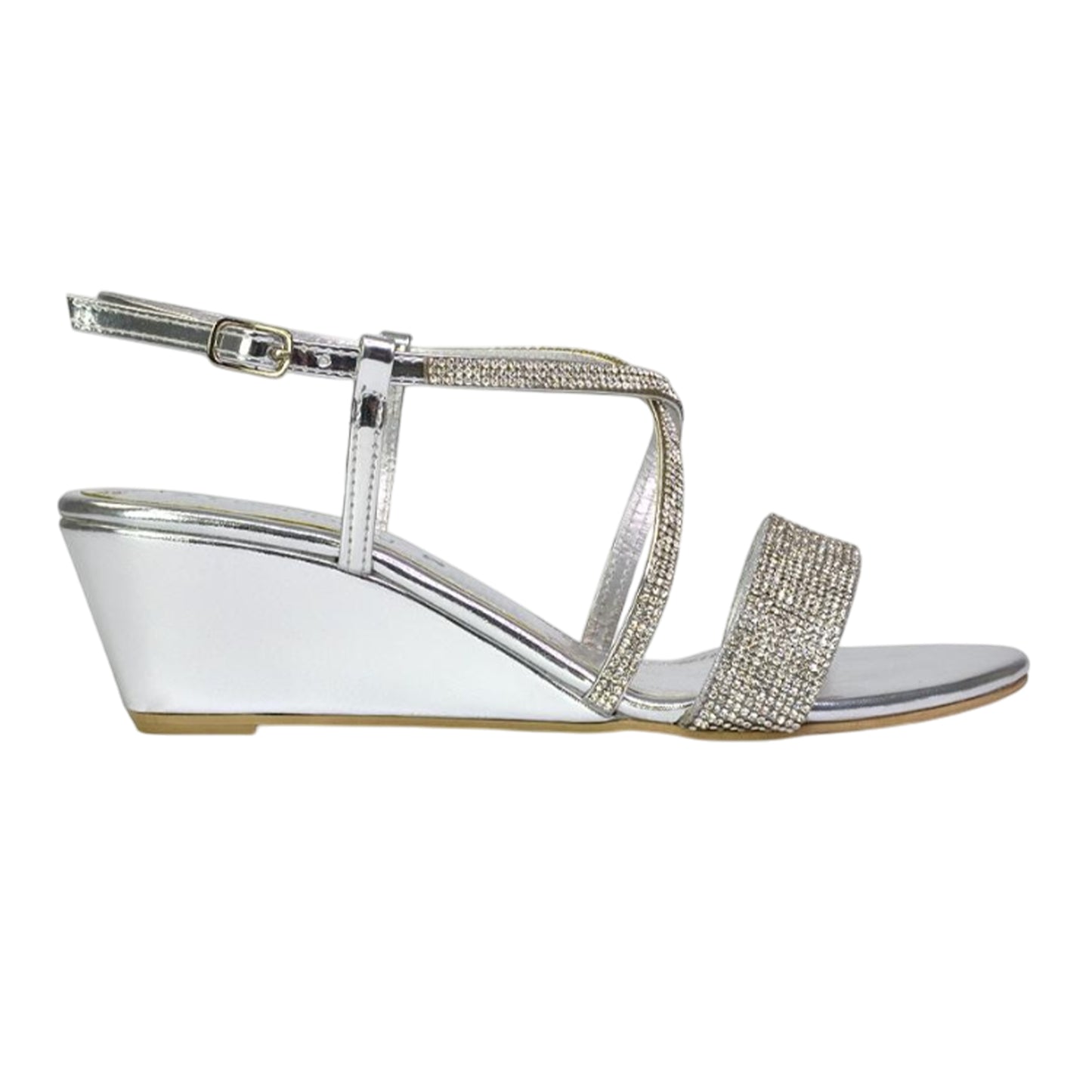 Silver - Pack Shot - XY London Womens-Ladies Ocean Diamante Wedge Sandals