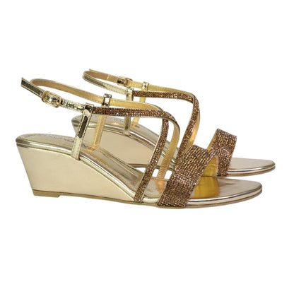 Gold - Side - XY London Womens-Ladies Ocean Diamante Wedge Sandals