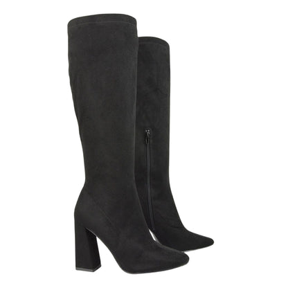 Jet Black - Side - XY London Womens-Ladies Gia Square Toe High Block Heel Knee-High Boots