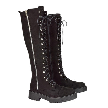 Jet Black - Side - XY London Womens-Ladies Ada Chunky Lace Up Knee-High Boots