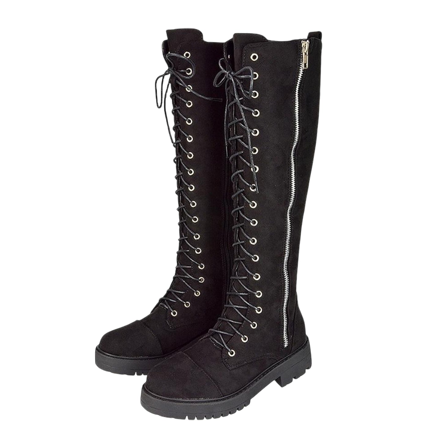 Jet Black - Front - XY London Womens-Ladies Ada Chunky Lace Up Knee-High Boots