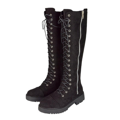 Jet Black - Front - XY London Womens-Ladies Ada Chunky Lace Up Knee-High Boots