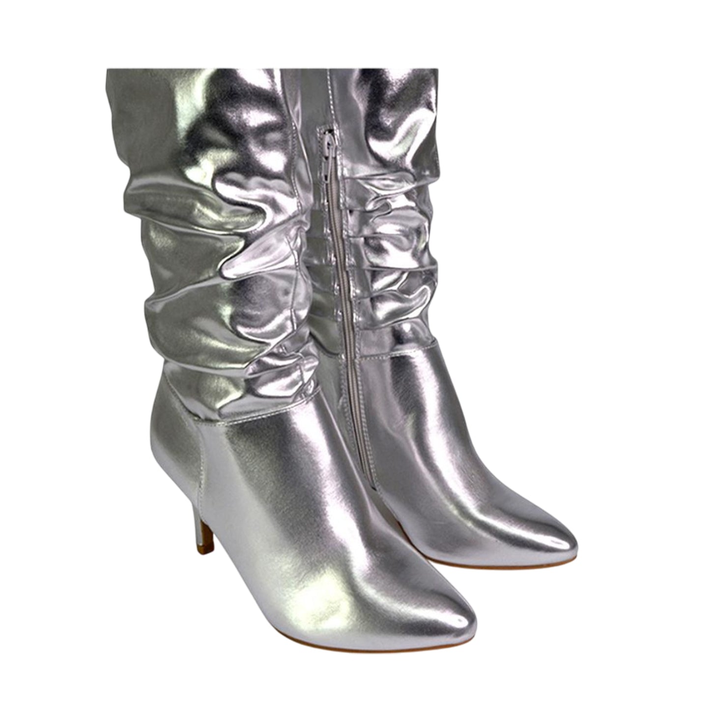 Metallic Silver - Front - XY London Womens-Ladies Sian Ruched Metallic Knee-High Boots