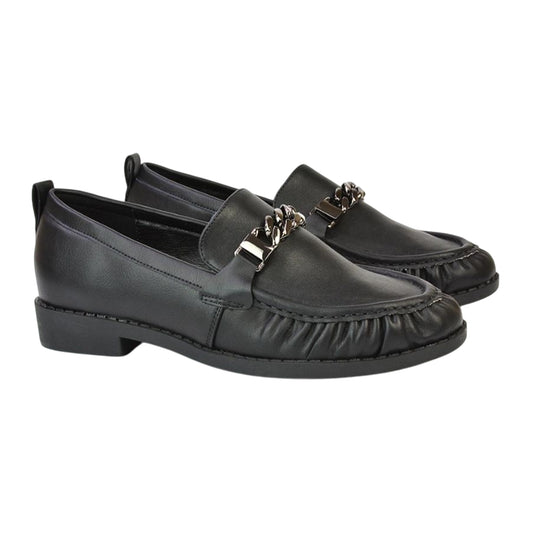 Black - Front - XY London Womens-Ladies Heidi Ruched Chain Detail Loafers
