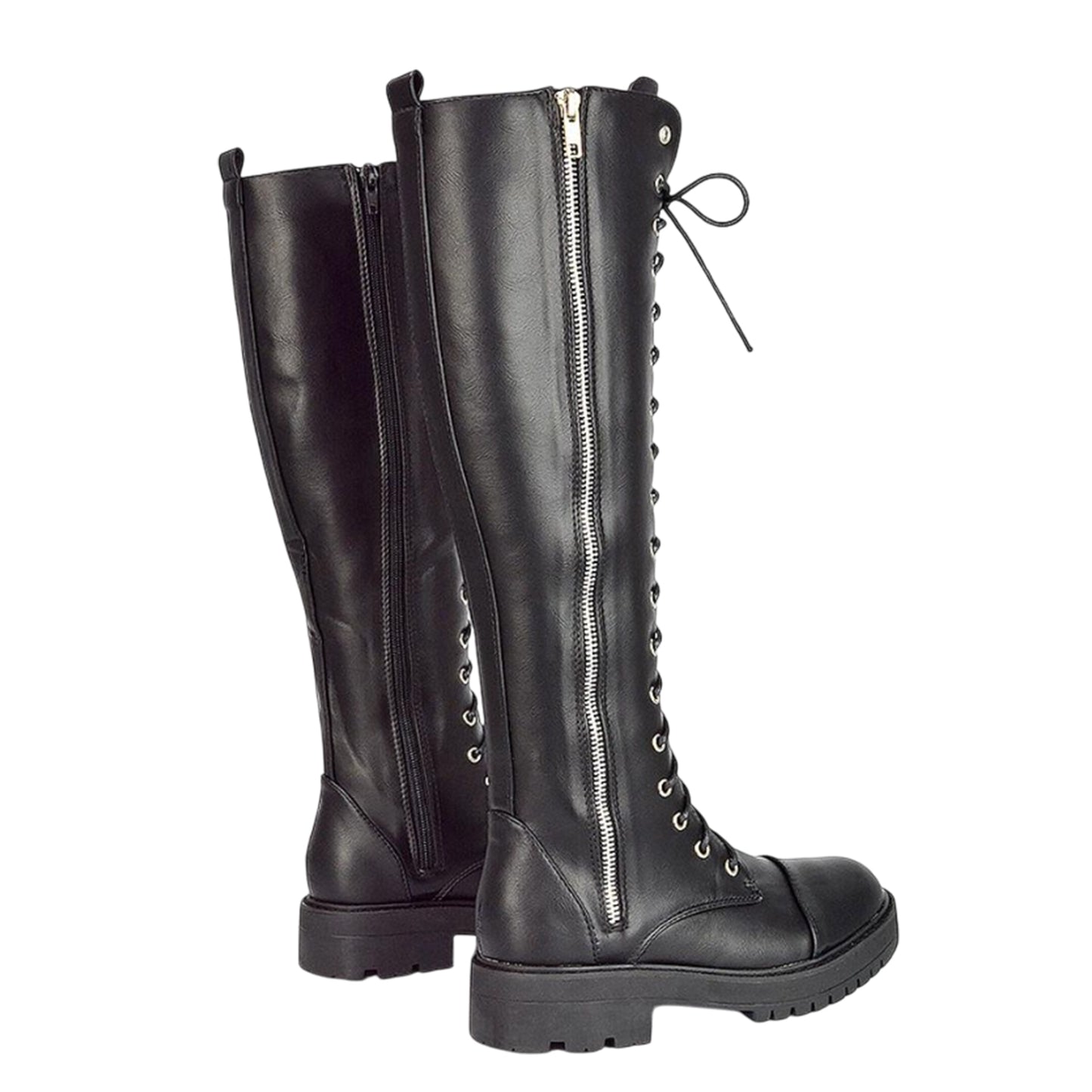 Black - Back - XY London Womens-Ladies Ada Chunky Lace Up Knee-High Boots