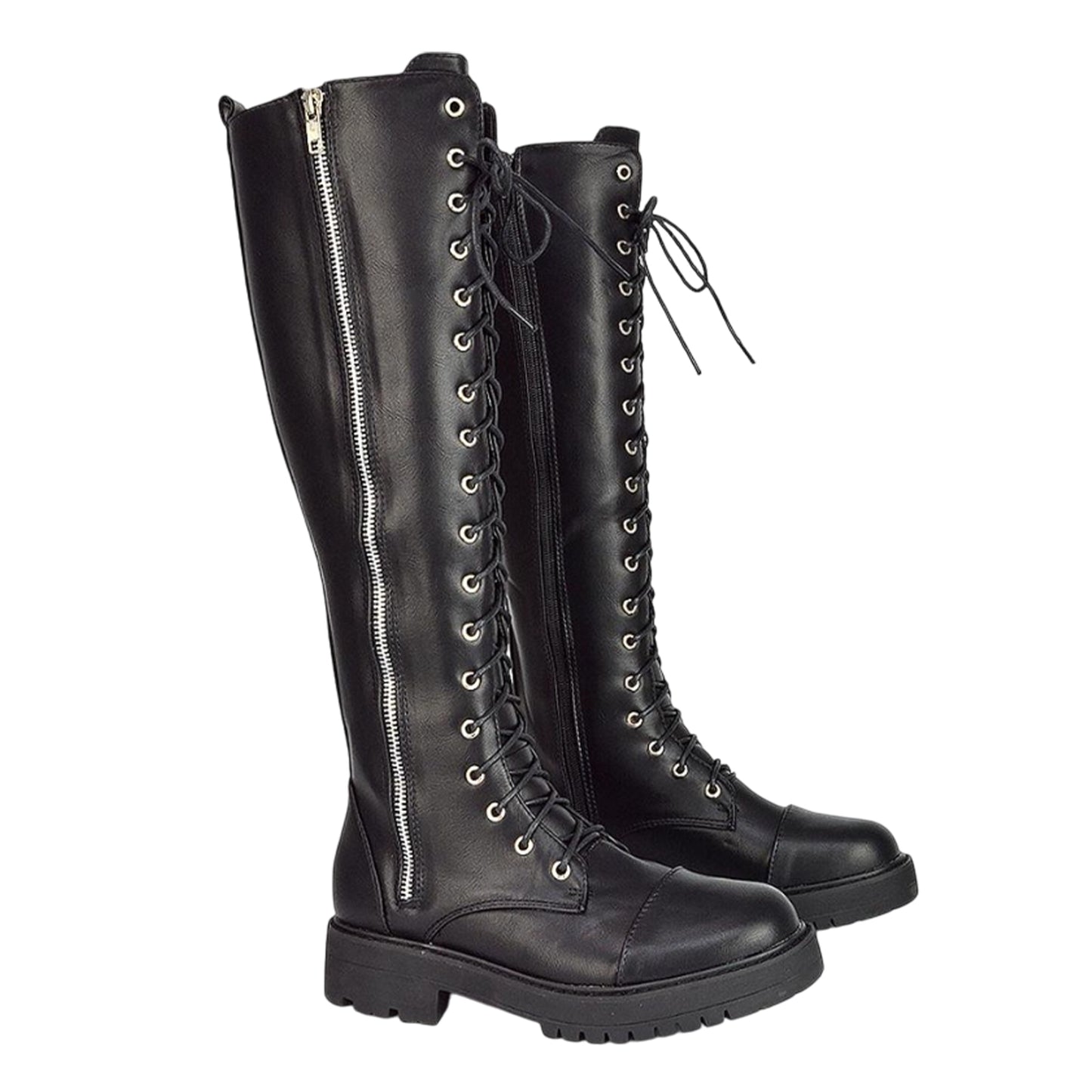 Black - Side - XY London Womens-Ladies Ada Chunky Lace Up Knee-High Boots