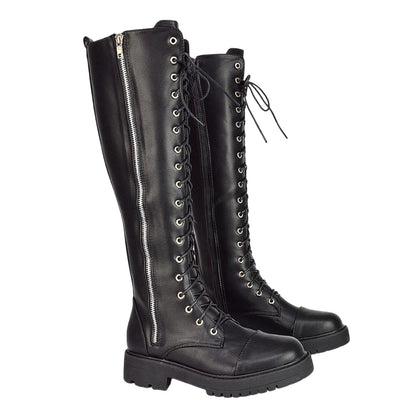 Black - Side - XY London Womens-Ladies Ada Chunky Lace Up Knee-High Boots