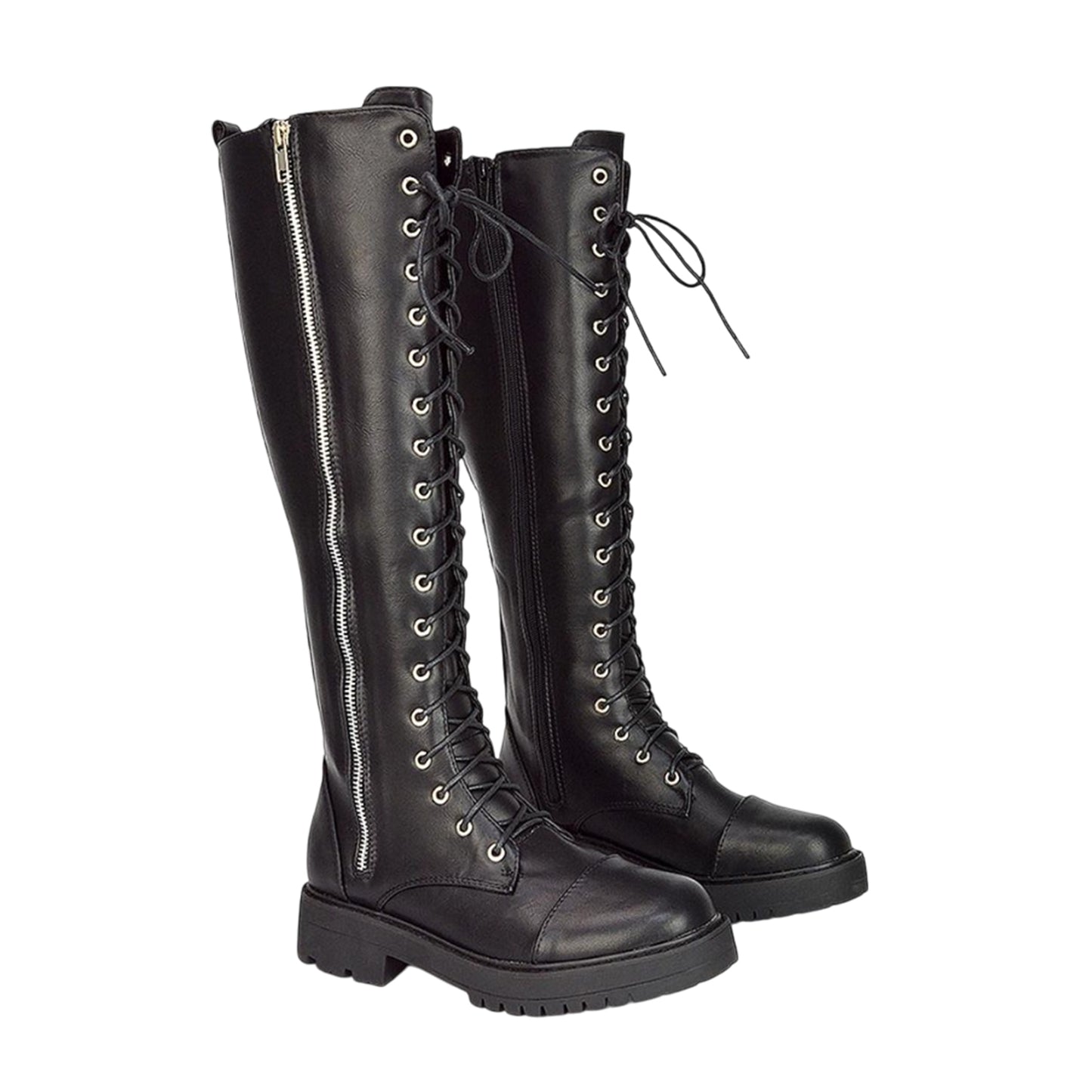 Black - Front - XY London Womens-Ladies Ada Chunky Lace Up Knee-High Boots