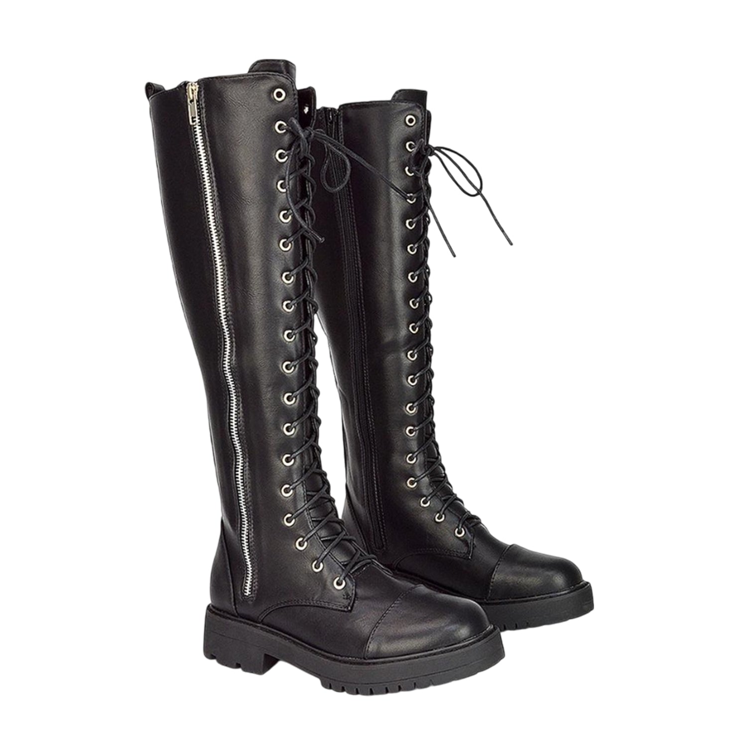 Black - Front - XY London Womens-Ladies Ada Chunky Lace Up Knee-High Boots