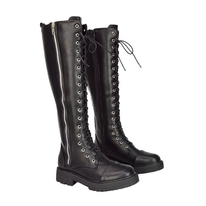 Black - Front - XY London Womens-Ladies Ada Chunky Lace Up Knee-High Boots