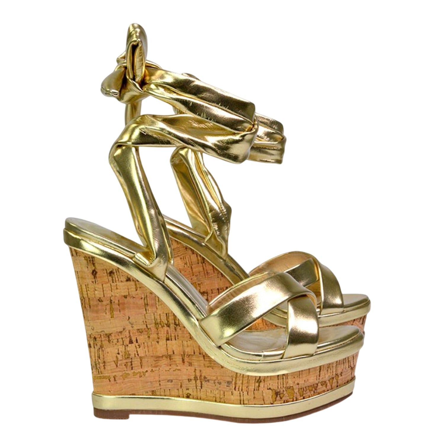 Metallic Gold - Side - XY London Womens-Ladies Kammie Cork Metallic Wedge Sandals