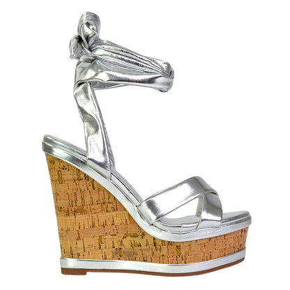 Metallic Silver - Lifestyle - XY London Womens-Ladies Kammie Cork Metallic Wedge Sandals