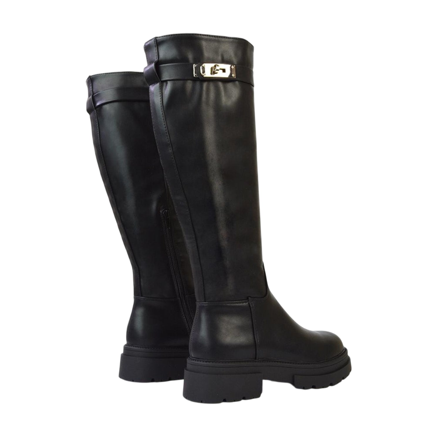 Black - Back - XY London Womens-Ladies Pose Chunky Knee-High Buckle Biker Boots