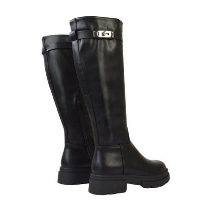 Black - Back - XY London Womens-Ladies Pose Chunky Knee-High Buckle Biker Boots