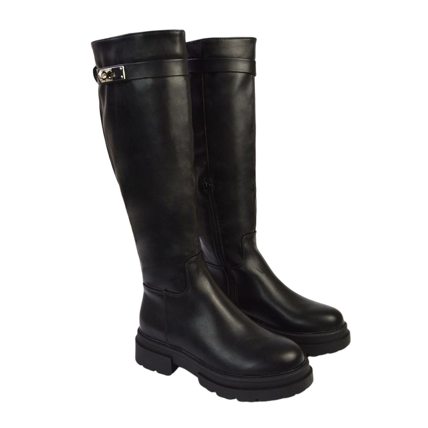 Black - Side - XY London Womens-Ladies Pose Chunky Knee-High Buckle Biker Boots