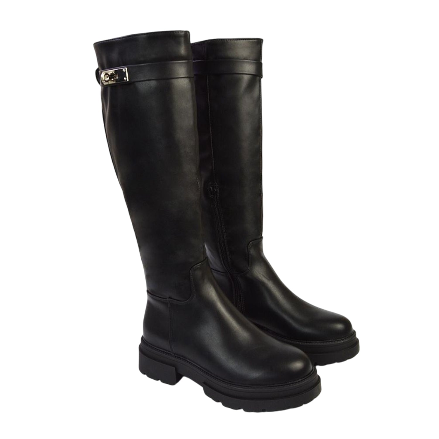 Black - Side - XY London Womens-Ladies Pose Chunky Knee-High Buckle Biker Boots