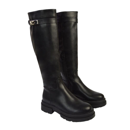 Black - Side - XY London Womens-Ladies Pose Chunky Knee-High Buckle Biker Boots