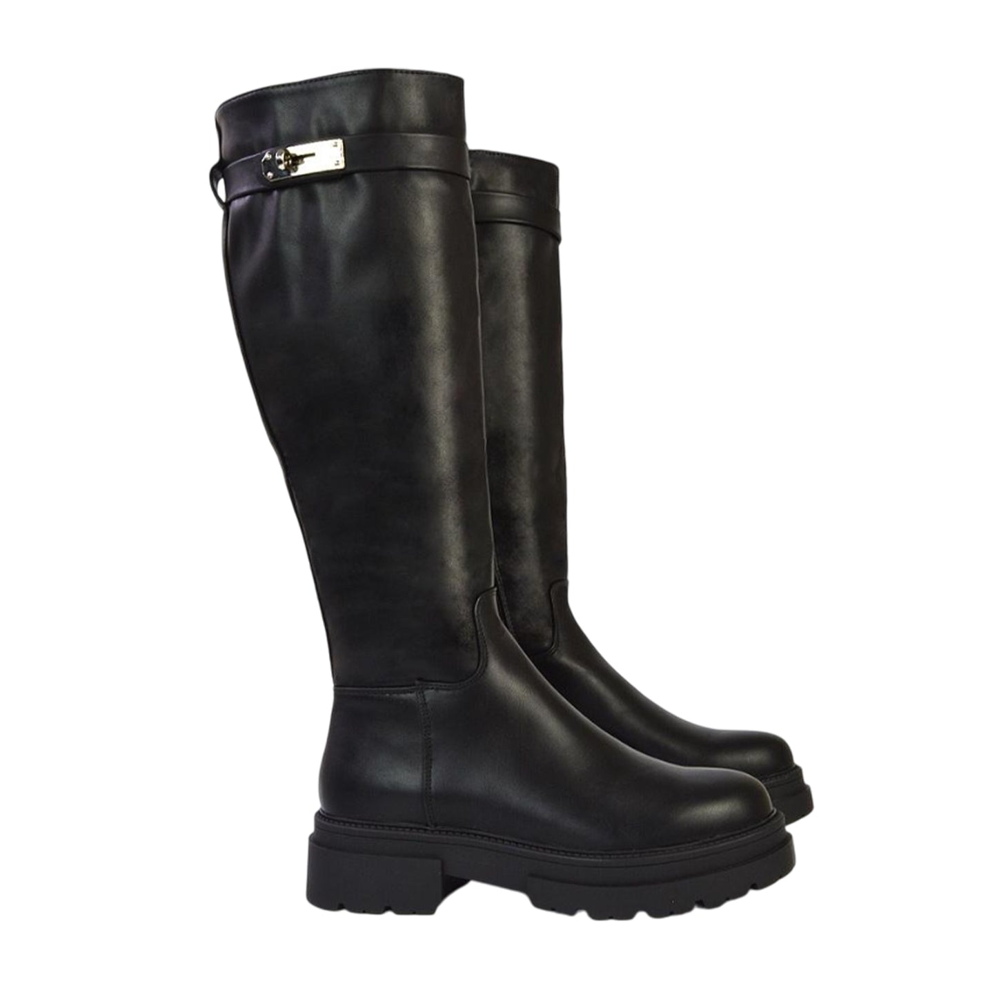 Black - Lifestyle - XY London Womens-Ladies Pose Chunky Knee-High Buckle Biker Boots