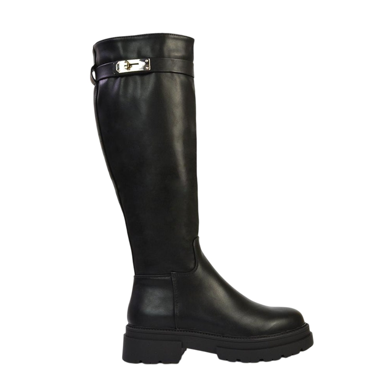 Black - Pack Shot - XY London Womens-Ladies Pose Chunky Knee-High Buckle Biker Boots