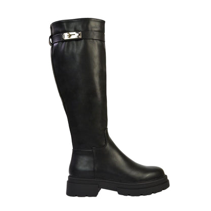 Black - Pack Shot - XY London Womens-Ladies Pose Chunky Knee-High Buckle Biker Boots