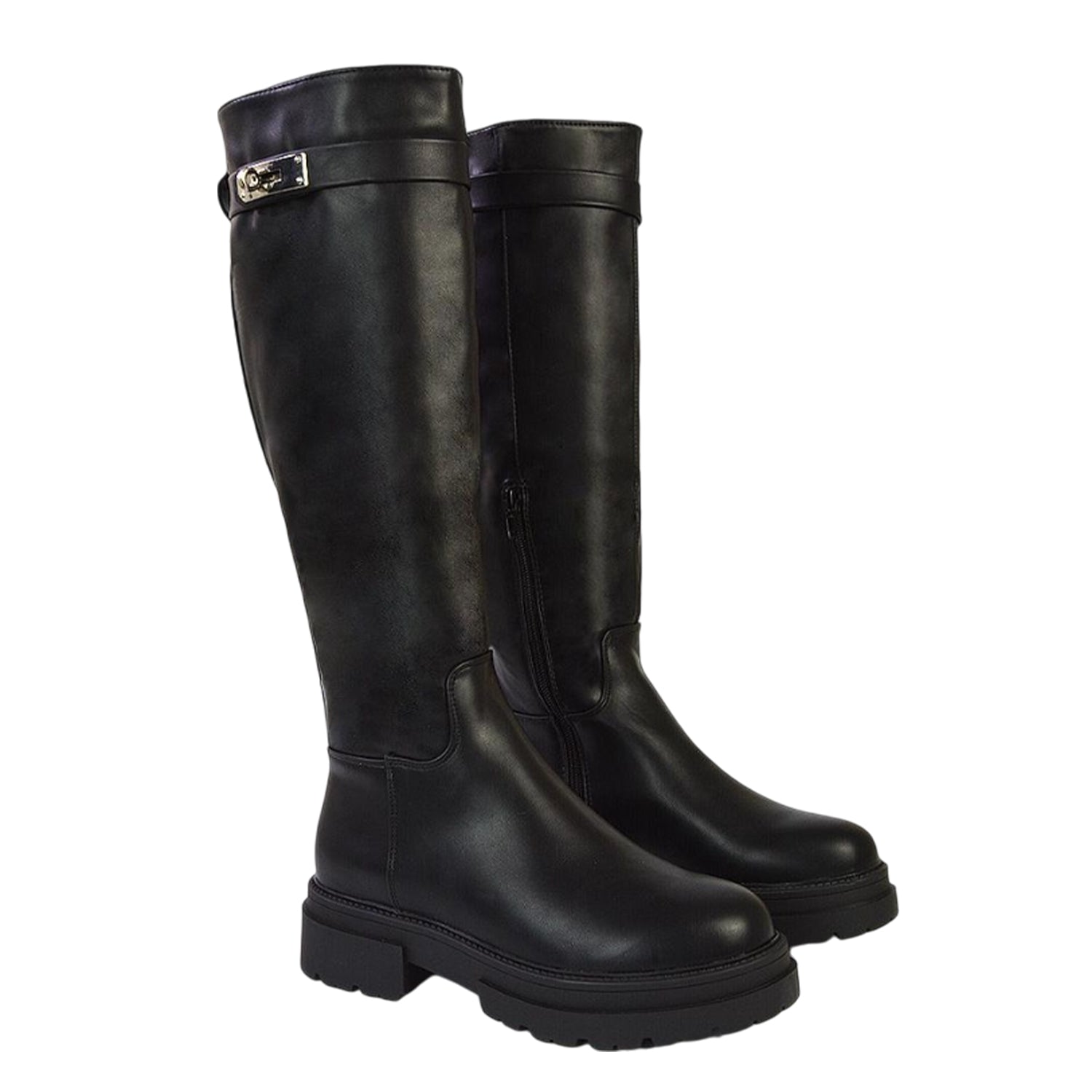 Black - Front - XY London Womens-Ladies Pose Chunky Knee-High Buckle Biker Boots