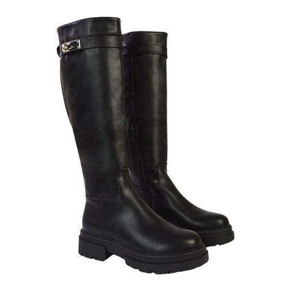 Black - Front - XY London Womens-Ladies Pose Chunky Knee-High Buckle Biker Boots
