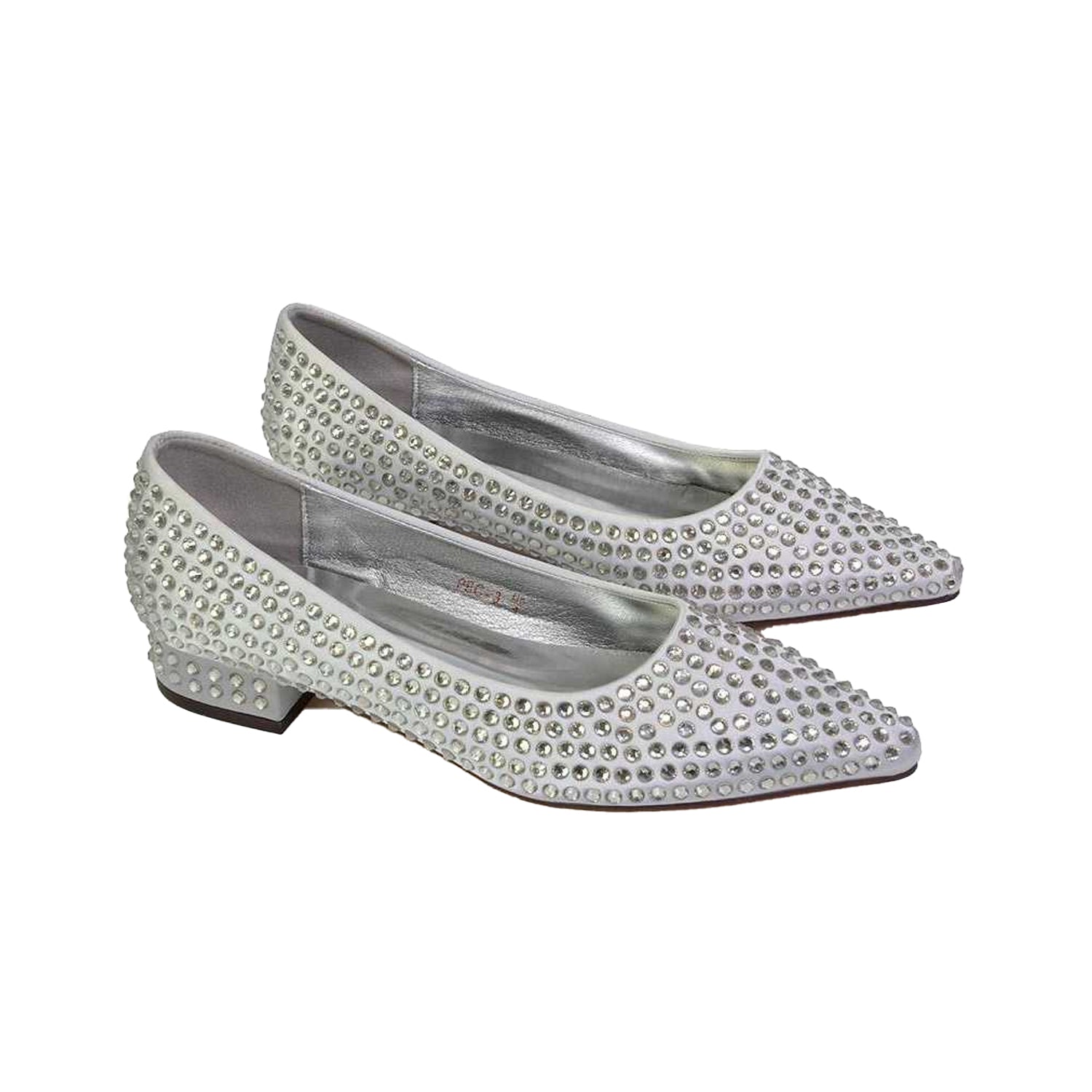 Silver - Pack Shot - XY London Womens-Ladies Gemini Diamante Wedding Low Block Heel Pumps