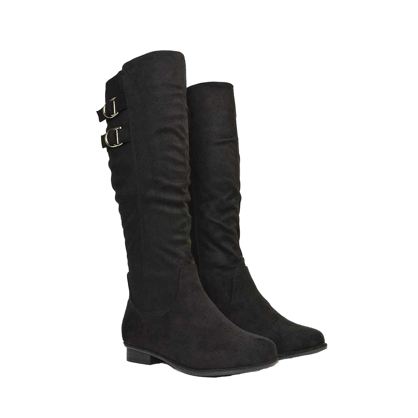 Jet Black - Pack Shot - XY London Womens-Ladies Mia Buckle Detail Slouch Flat Knee-High Boots