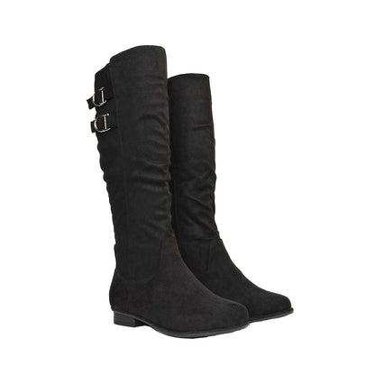 Jet Black - Pack Shot - XY London Womens-Ladies Mia Buckle Detail Slouch Flat Knee-High Boots