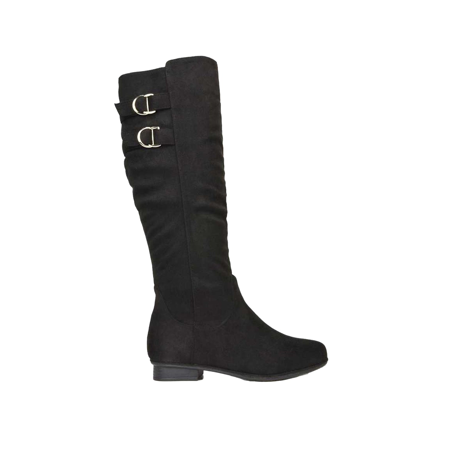 Jet Black - Side - XY London Womens-Ladies Mia Buckle Detail Slouch Flat Knee-High Boots